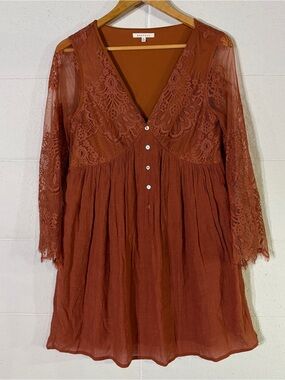 Baevely Lace Sleeved Babydoll Boho V Neck Dress Size Small in the color Rust